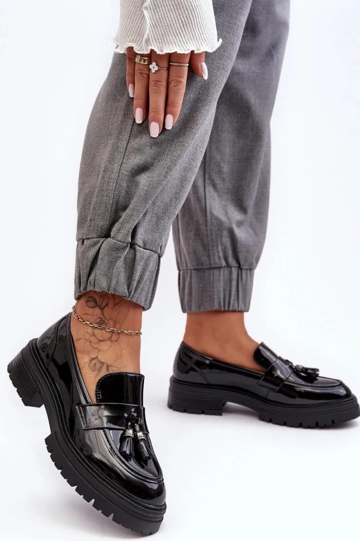 Damskie Boto Lakierowane Półbuty Loafersy Z Frędzlami Czarne Velenase