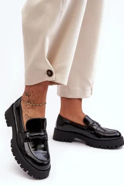 Damskie Boto Lakierowane Półbuty Loafersy Na Płaskim Obcasie Czarne Jannah