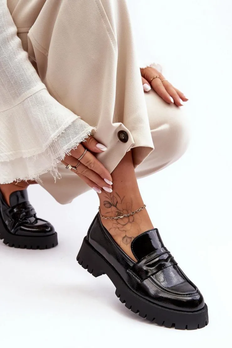 Damskie Boto Lakierowane Półbuty Loafersy Na Płaskim Obcasie Czarne Jannah