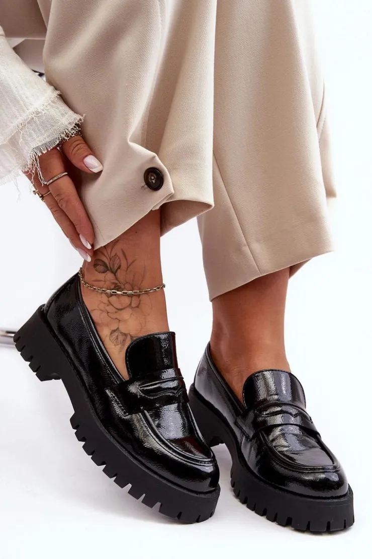 Damskie Boto Lakierowane Półbuty Loafersy Na Płaskim Obcasie Czarne Jannah