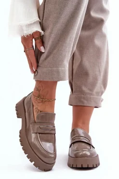 Boto Mokasyny Damskie Lakierowane*Lakierowane Półbuty Loafersy Na Płaskim Obcasie Beżowe Jannah