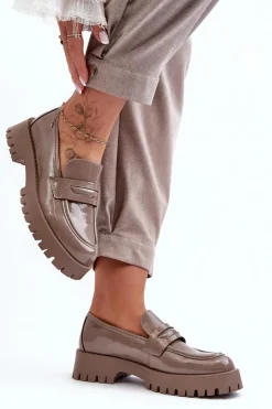 Boto Mokasyny Damskie Lakierowane*Lakierowane Półbuty Loafersy Na Płaskim Obcasie Beżowe Jannah