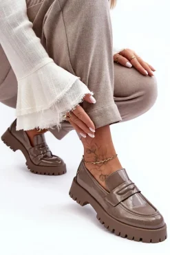 Boto Mokasyny Damskie Lakierowane*Lakierowane Półbuty Loafersy Na Płaskim Obcasie Beżowe Jannah