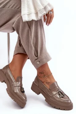 Online Boto Lakierowane Półbuty Loafersy Z Frędzlami Ciemnobeżowe Velenase