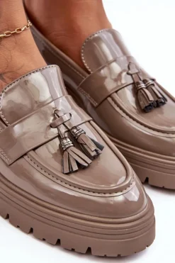 Online Boto Lakierowane Półbuty Loafersy Z Frędzlami Ciemnobeżowe Velenase