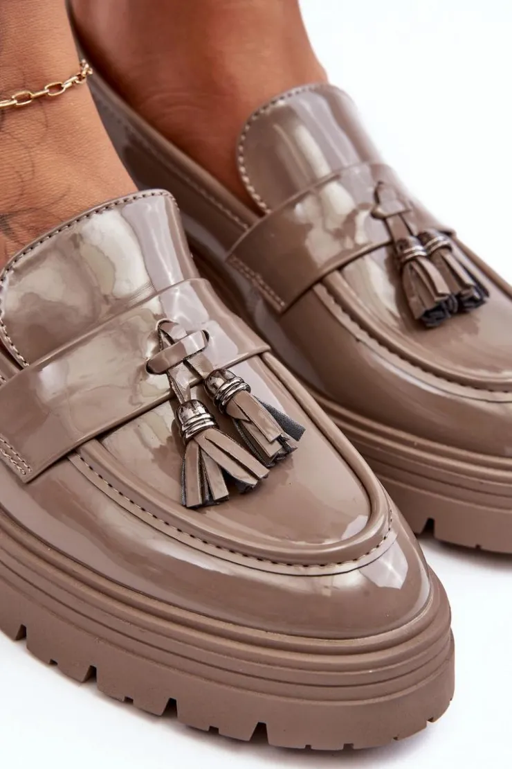 Online Boto Lakierowane Półbuty Loafersy Z Frędzlami Ciemnobeżowe Velenase