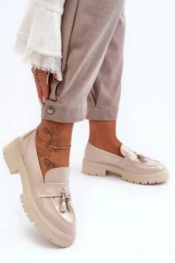 Boto Mokasyny Damskie Lakierowane*Lakierowane Półbuty Loafersy Z Frędzlami Jasnobeżowe Velenase