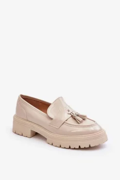 Boto Mokasyny Damskie Lakierowane*Lakierowane Półbuty Loafersy Z Frędzlami Jasnobeżowe Velenase