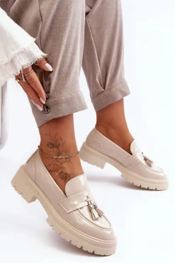 Boto Mokasyny Damskie Lakierowane*Lakierowane Półbuty Loafersy Z Frędzlami Jasnobeżowe Velenase