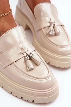 Boto Mokasyny Damskie Lakierowane*Lakierowane Półbuty Loafersy Z Frędzlami Jasnobeżowe Velenase