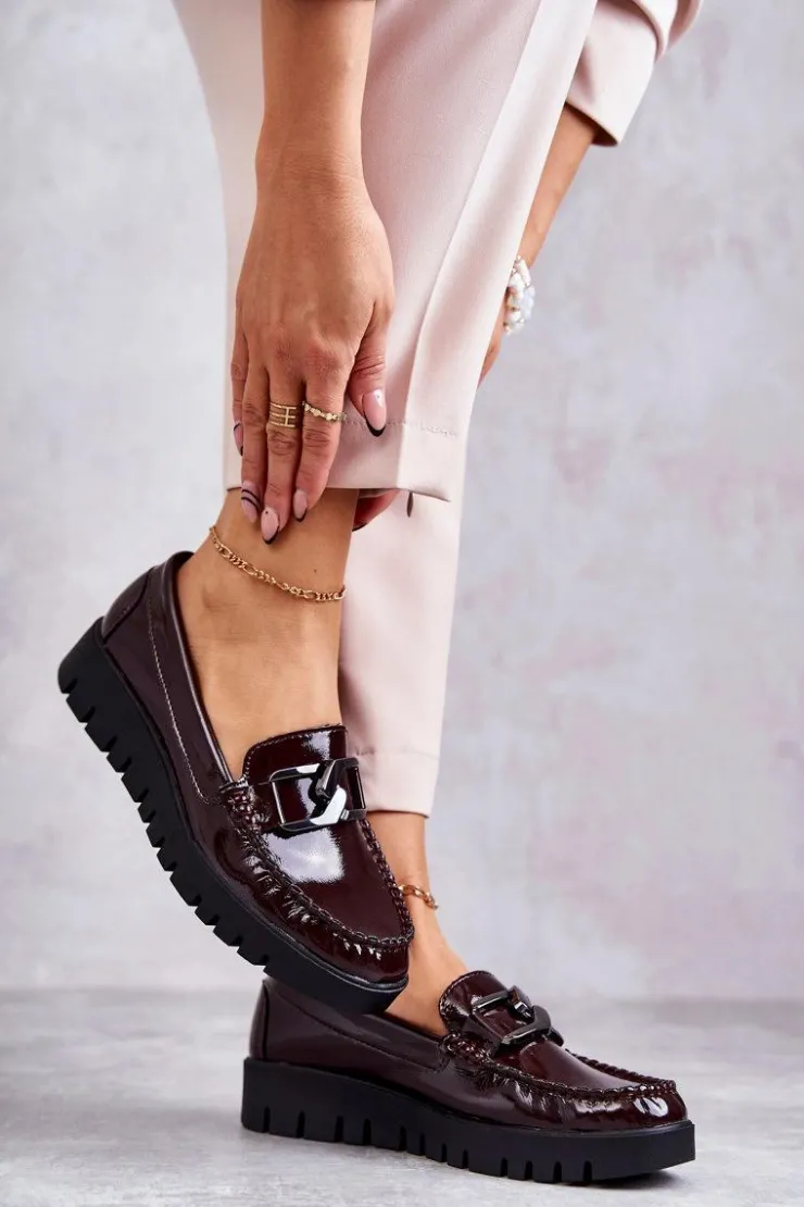 Damskie Buty Sergio Leone Lakierowane Półbuty Loafery Na Platformie Bordowe Kjersti