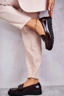Damskie Buty Sergio Leone Lakierowane Półbuty Loafery Na Platformie Bordowe Kjersti