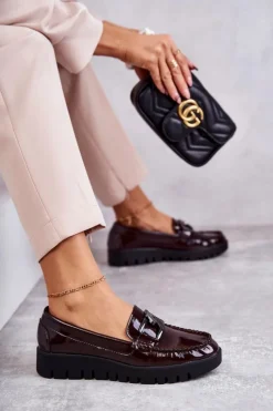 Damskie Buty Sergio Leone Lakierowane Półbuty Loafery Na Platformie Bordowe Kjersti