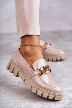 Buty Sergio Leone Lakierowane Półbuty Loafery Na Platformie Beżowe Inger