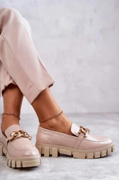 Buty Sergio Leone Lakierowane Półbuty Loafery Na Platformie Beżowe Inger