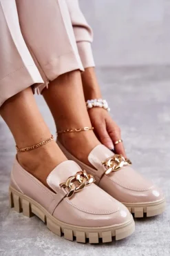 Buty Sergio Leone Lakierowane Półbuty Loafery Na Platformie Beżowe Inger