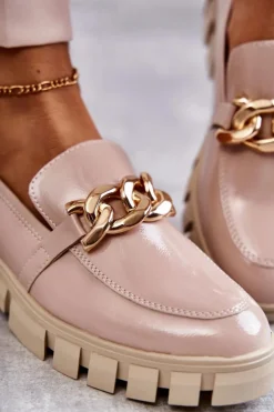 Buty Sergio Leone Lakierowane Półbuty Loafery Na Platformie Beżowe Inger