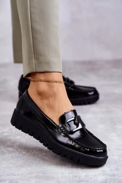 Sale Buty Sergio Leone Lakierowane Półbuty Loafery Na Platformie Czarne Kjersti