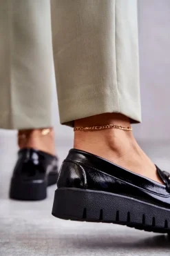 Sale Buty Sergio Leone Lakierowane Półbuty Loafery Na Platformie Czarne Kjersti