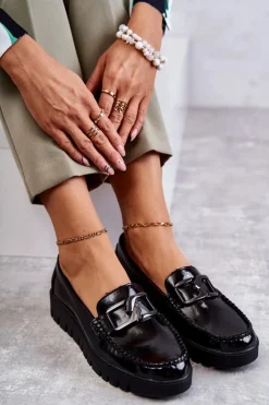 Sale Buty Sergio Leone Lakierowane Półbuty Loafery Na Platformie Czarne Kjersti