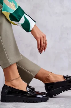 Sale Buty Sergio Leone Lakierowane Półbuty Loafery Na Platformie Czarne Kjersti