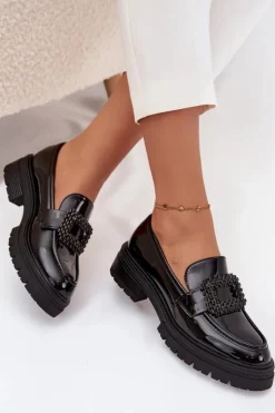 Damskie Boto Lakierowane Półbuty Mokasyny Damskie Z Ozdobną Klamrą Czarne Luvianne