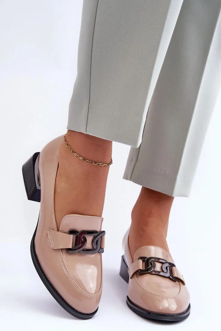 Hot Buty damskie Vinceza Lakierowane Półbuty Mokasyny Na Obcasie Beżowe Sakina