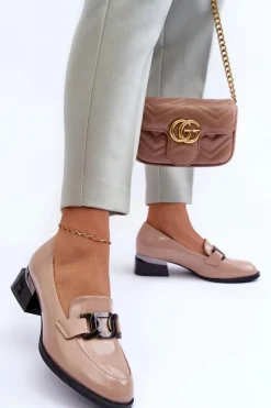 Hot Buty damskie Vinceza Lakierowane Półbuty Mokasyny Na Obcasie Beżowe Sakina