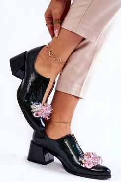 Damskie Boto Lakierowane Półbuty Mozaika Z Transparentną Ozdobą Zielone Delaver