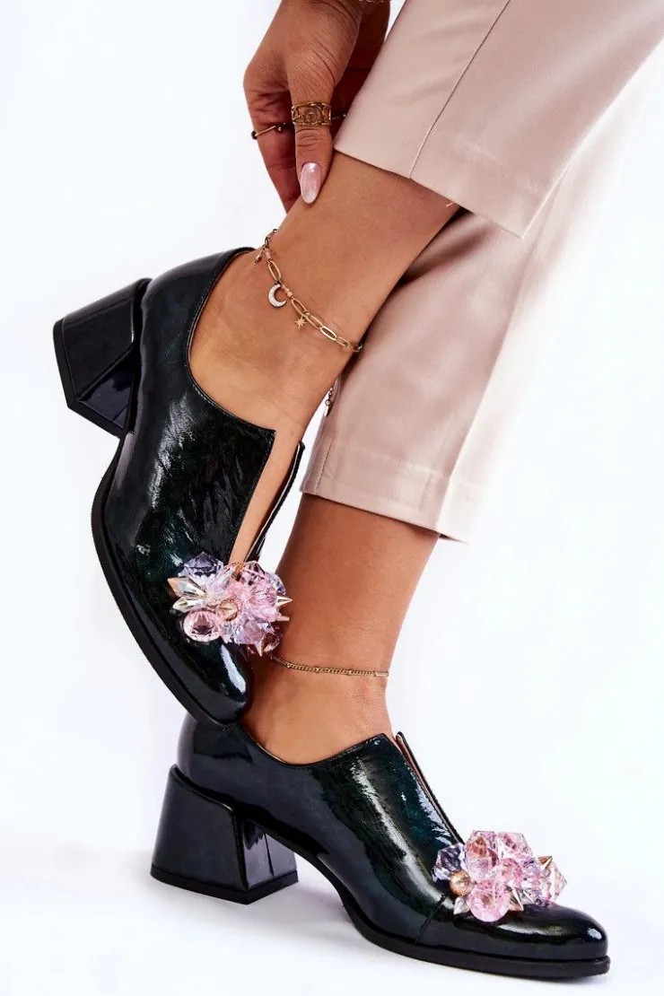 Damskie Boto Lakierowane Półbuty Mozaika Z Transparentną Ozdobą Zielone Delaver