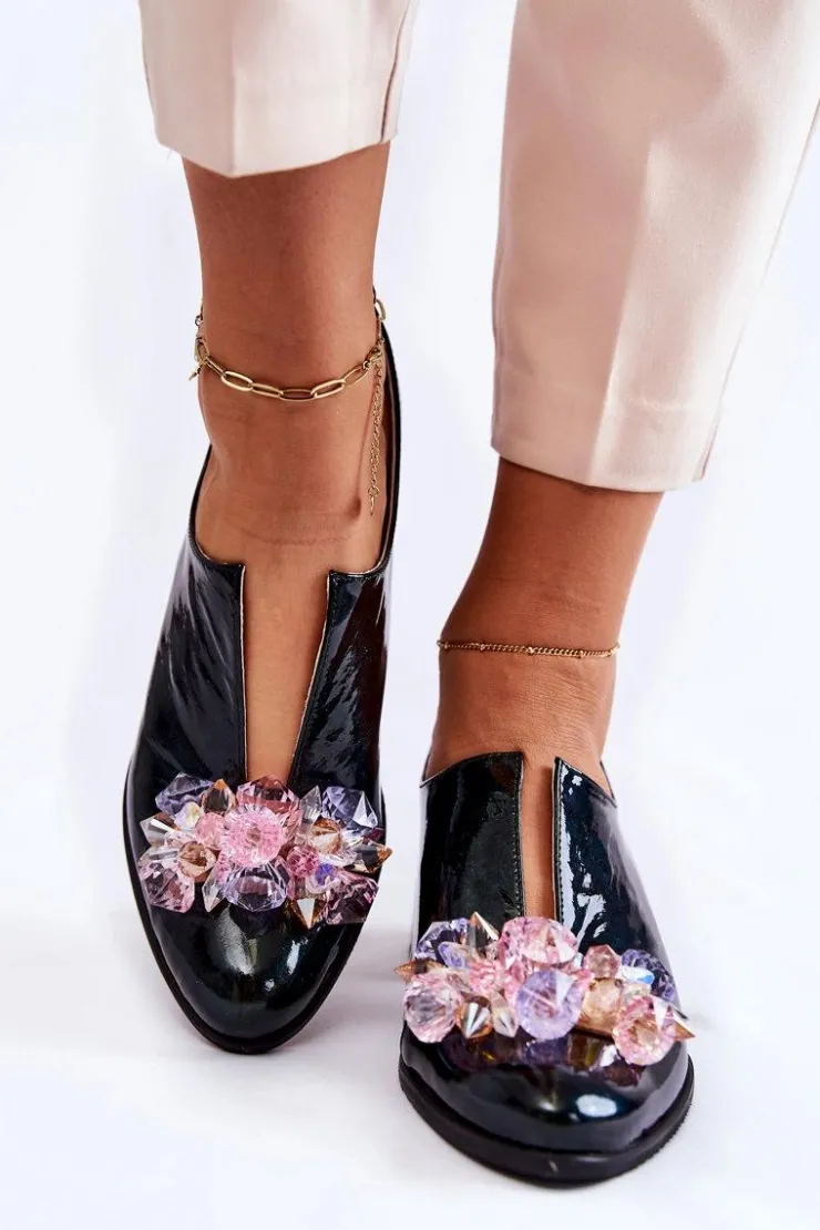 Damskie Boto Lakierowane Półbuty Mozaika Z Transparentną Ozdobą Zielone Delaver