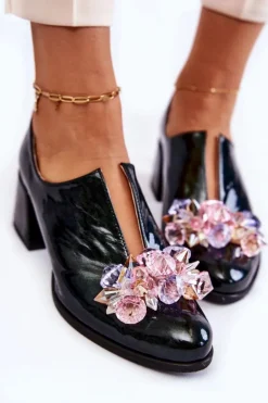 Damskie Boto Lakierowane Półbuty Mozaika Z Transparentną Ozdobą Zielone Delaver