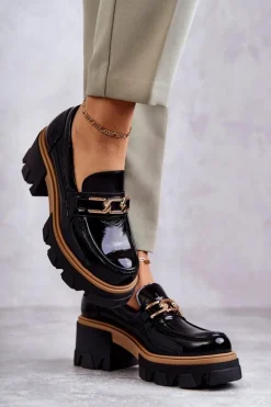 Damskie Boto Lakierowane Półbuty Na Obcasie Ze Złotą Ozdobą Czarne Lurdes