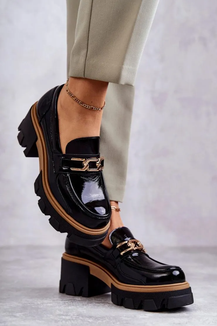 Damskie Boto Lakierowane Półbuty Na Obcasie Ze Złotą Ozdobą Czarne Lurdes