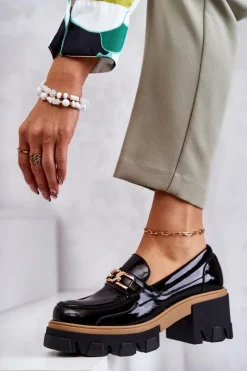 Damskie Boto Lakierowane Półbuty Na Obcasie Ze Złotą Ozdobą Czarne Lurdes