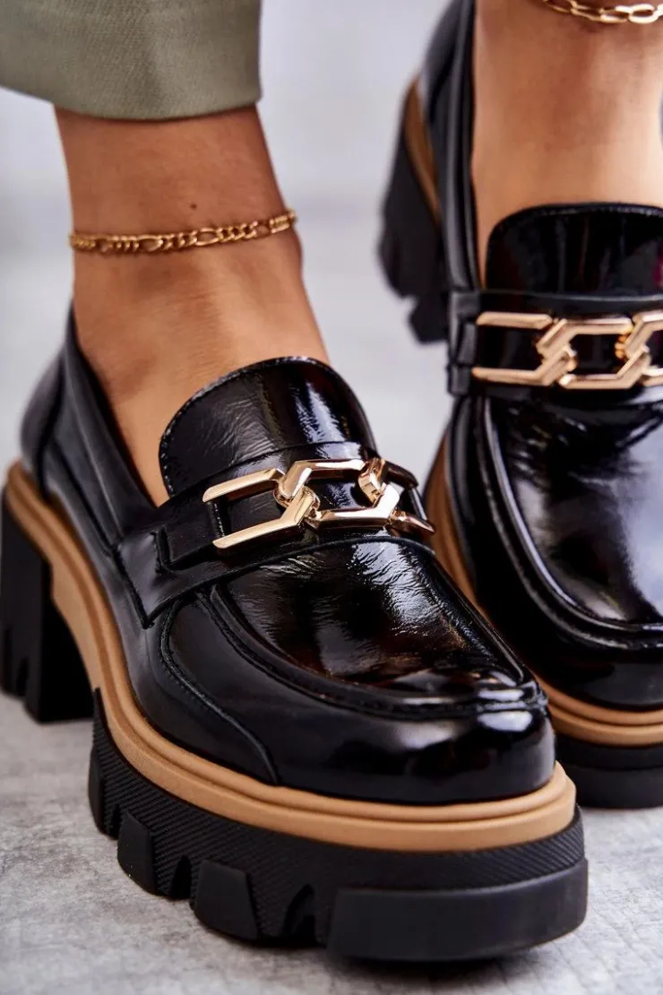 Damskie Boto Lakierowane Półbuty Na Obcasie Ze Złotą Ozdobą Czarne Lurdes