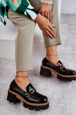 Damskie Boto Lakierowane Półbuty Na Obcasie Ze Złotą Ozdobą Czarne Lurdes