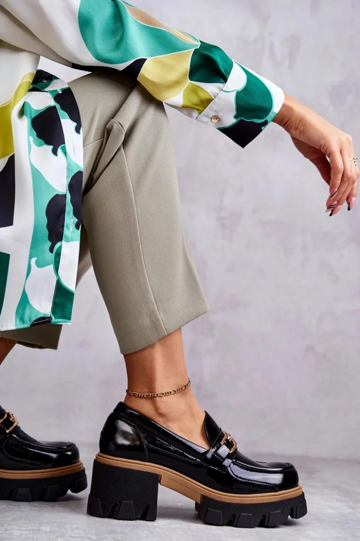 Damskie Boto Lakierowane Półbuty Na Obcasie Ze Złotą Ozdobą Czarne Lurdes