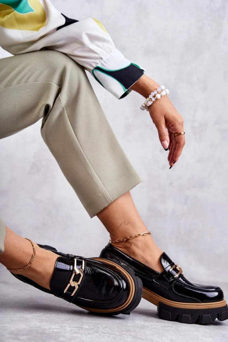 Damskie Boto Lakierowane Półbuty Na Obcasie Ze Złotą Ozdobą Czarne Lurdes