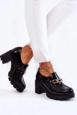 Boto Półbuty Lakierowane|Półbuty Skórzane*Lakierowane Półbuty Na Słupku Ze Złotą Ozdobą Czarne Mikeyla