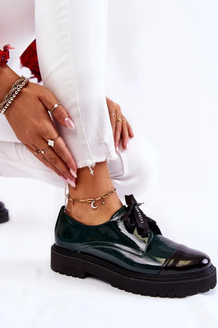 Hot Laura Messi Lakierowane Półbuty Wiązane 2441 Zielone