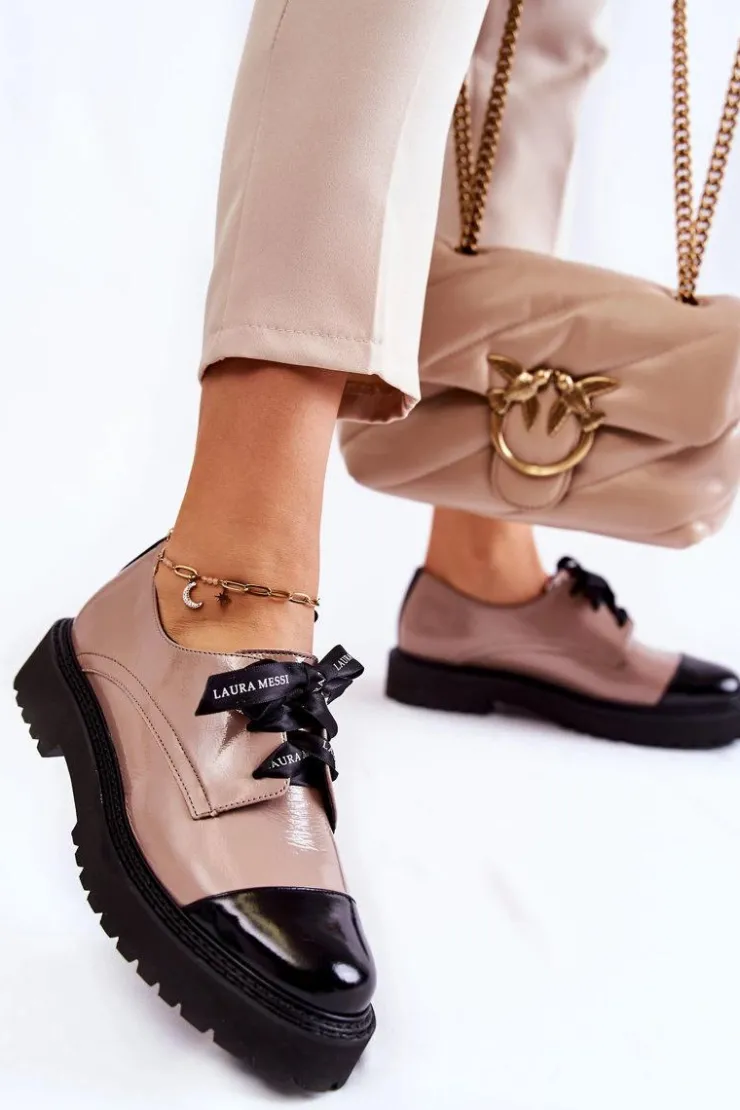 Discount Laura Messi Lakierowane Półbuty Wiązane 2441 Beżowe