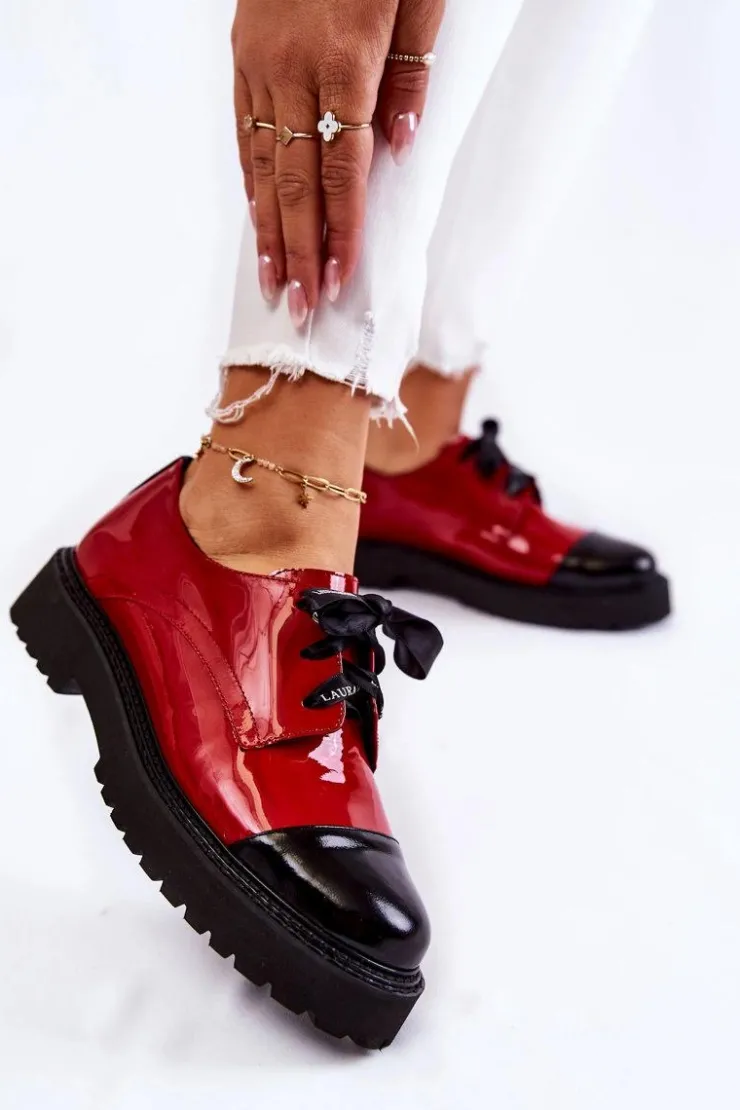 Damskie Laura Messi Lakierowane Półbuty Wiązane 2441 Czerwone