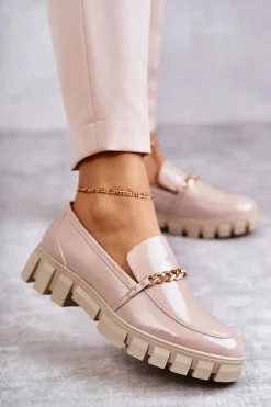 Buty Sergio Leone Półbuty Lakierowane|Mokasyny Damskie Lakierowane*Lakierowane Półbuty Z Łańcuszkiem Beżowe Anne