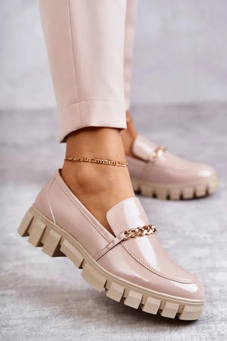 Buty Sergio Leone Półbuty Lakierowane|Mokasyny Damskie Lakierowane*Lakierowane Półbuty Z Łańcuszkiem Beżowe Anne