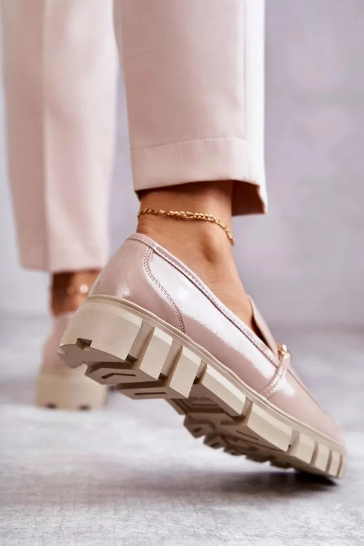 Buty Sergio Leone Półbuty Lakierowane|Mokasyny Damskie Lakierowane*Lakierowane Półbuty Z Łańcuszkiem Beżowe Anne