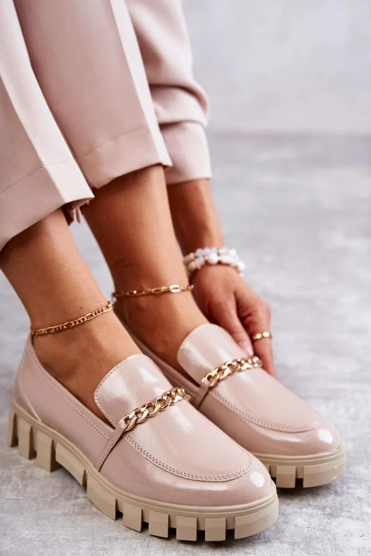 Buty Sergio Leone Półbuty Lakierowane|Mokasyny Damskie Lakierowane*Lakierowane Półbuty Z Łańcuszkiem Beżowe Anne