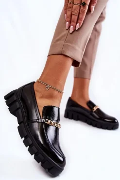 Damskie Buty Sergio Leone Lakierowane Półbuty Z Łańcuszkiem Czarne Anne