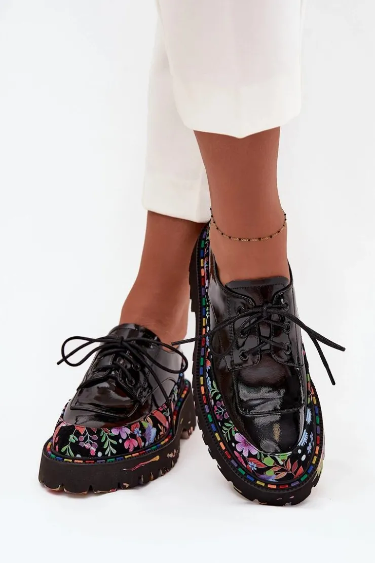 Damskie Artiker Lakierowane Półbuty Z Naturalnej Skóry Ze Wzorem 57C0174 Czarne