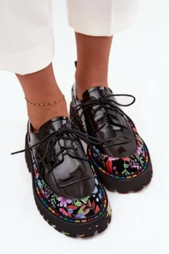 Damskie Artiker Lakierowane Półbuty Z Naturalnej Skóry Ze Wzorem 57C0174 Czarne